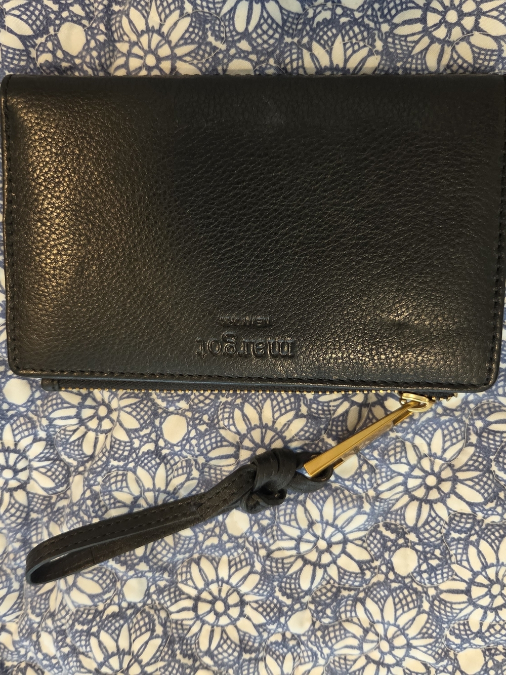 margot Black Leather Wristlet with Gold Accent
